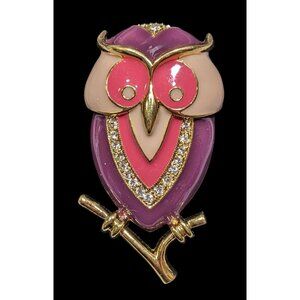 Vintage Marie Whimsical Owl Brooch Pink And Purple With Crystal Accents